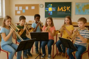 Kinder spielen Blasinstrumente in einem Klassenzimmer - Blechbläser-AG