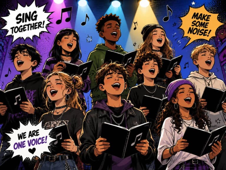 Comic-Style. Jugendliche singen in einem Chor.
