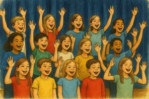 Ein Kinderchor aus 15 Kindern singt enthusiatisch! KI generierte Zeichung.
