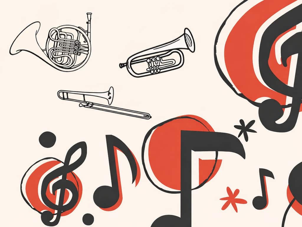 Dekorative Illustration mit Musiknoten und gezeichneten Blechblasinstrumenten wie Horn, Trompete und Posaune auf hellem Hintergrund. Keine Textelemente.