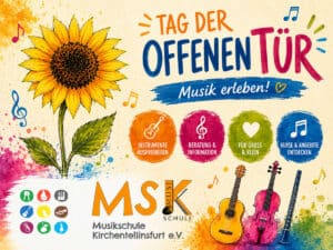 Bild mit einer Sonnenblume, dass den Tag der offenen Tür bewirbt. Noten und Instrumente sind zu sehen.