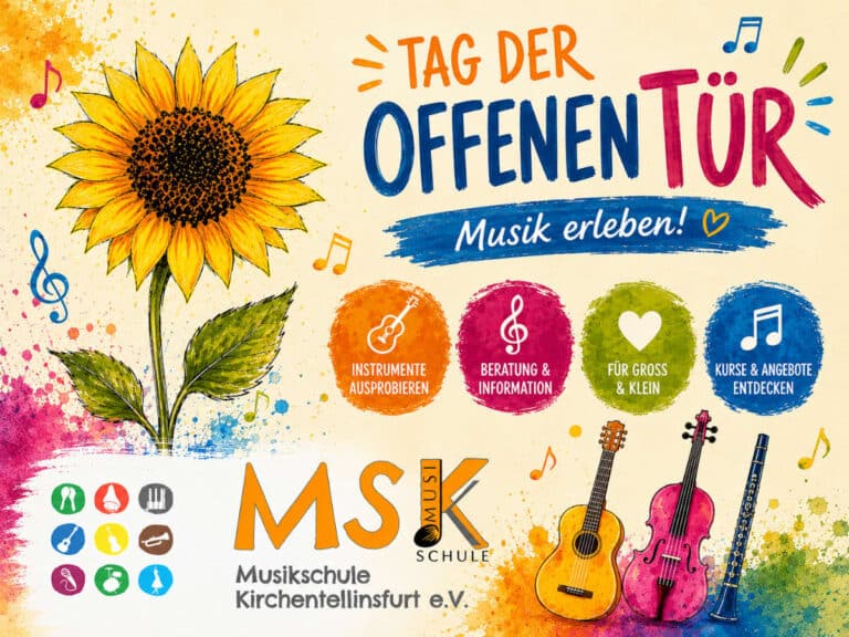Bild mit einer Sonnenblume, dass den Tag der offenen Tür bewirbt. Noten und Instrumente sind zu sehen.
